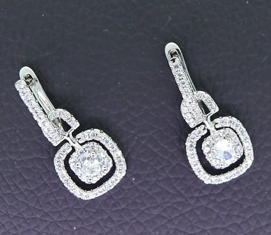 Sterling Silver Cushion Shape Geometric Design Dangle Earrings with Round CZ