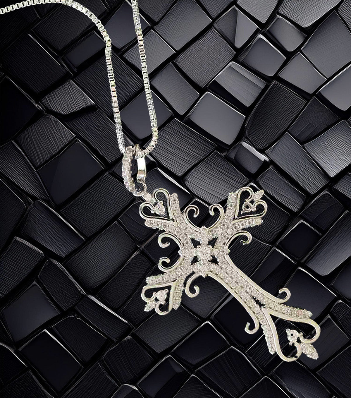 Sterling Silver Filigree Cross Pendant with Sparkling Cubic Zirconia – Elegant Religious Necklace for Women
