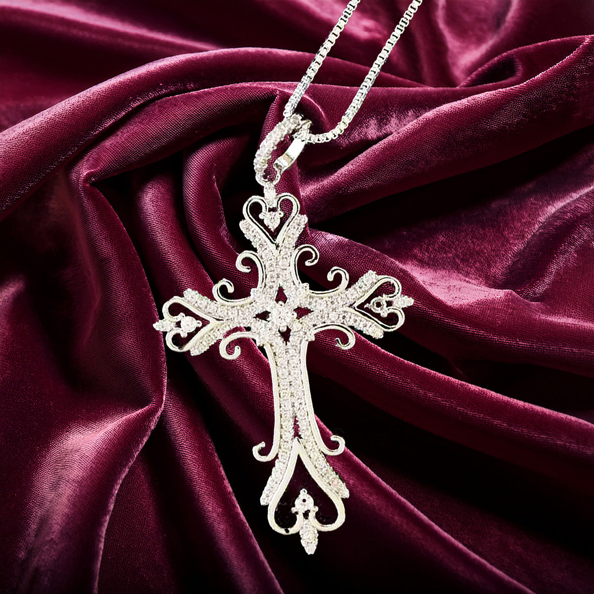 Sterling Silver Filigree Cross Pendant with Sparkling Cubic Zirconia – Elegant Religious Necklace for Women