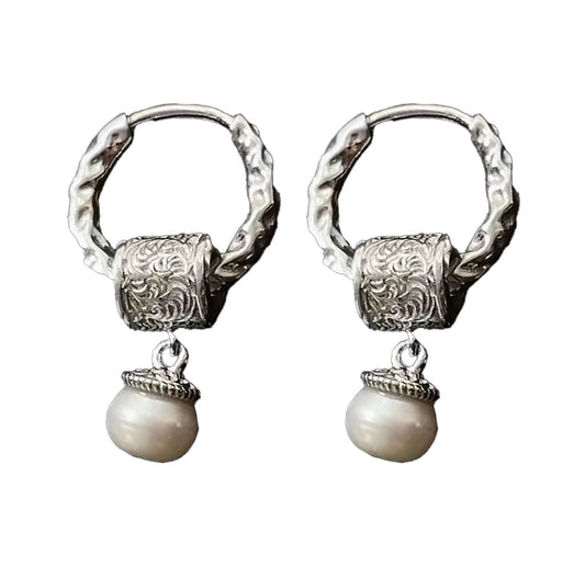 Trendy Sterling Silver Freshwater Pearl Hoop Earrings with Intricate Detailing and Removable Pearl Slider