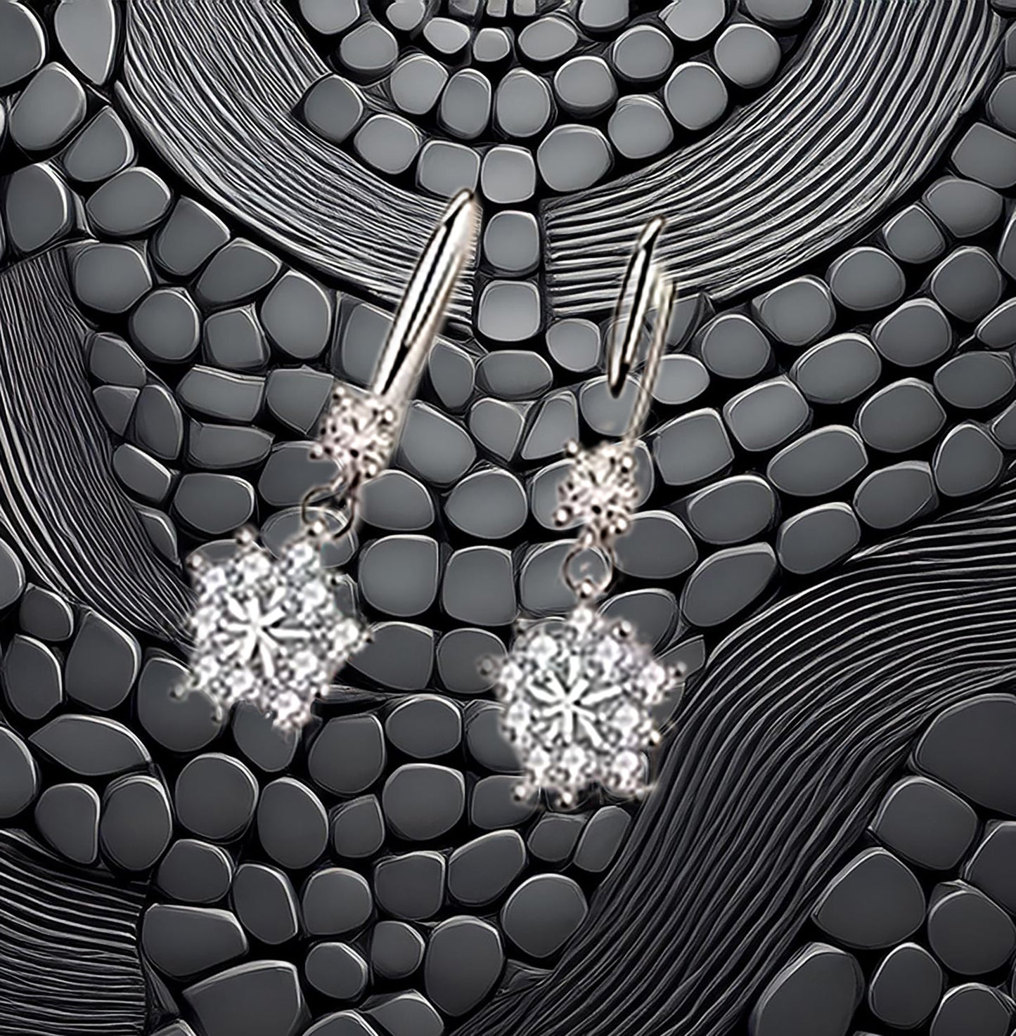 Sterling Silver Geometric Designed Cluster Dangle Round CZ Earrings