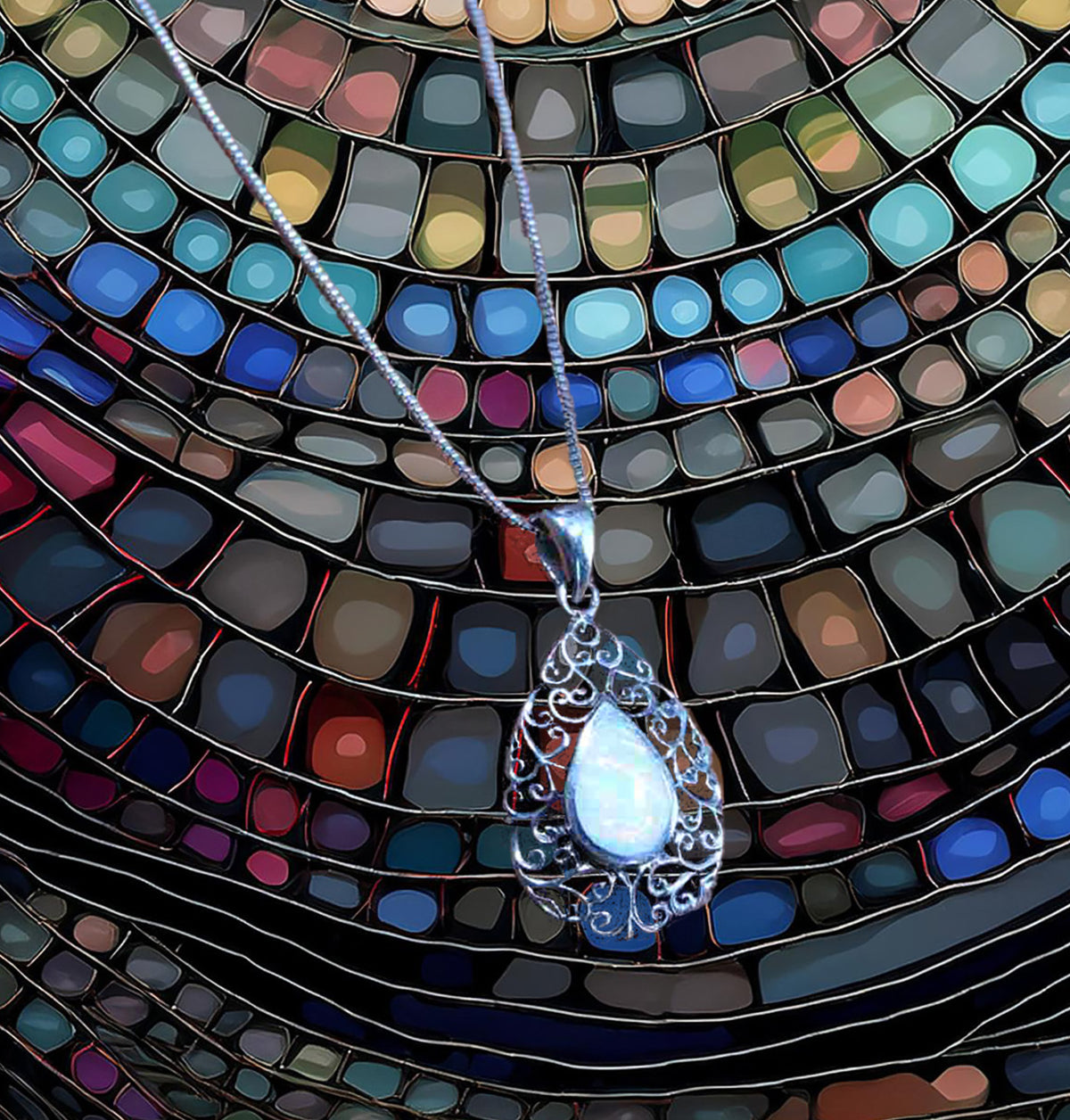 Sterling Silver Vintage Teardrop Pendant with Synthetic Pear-Shaped Opal on Italian Box Chain