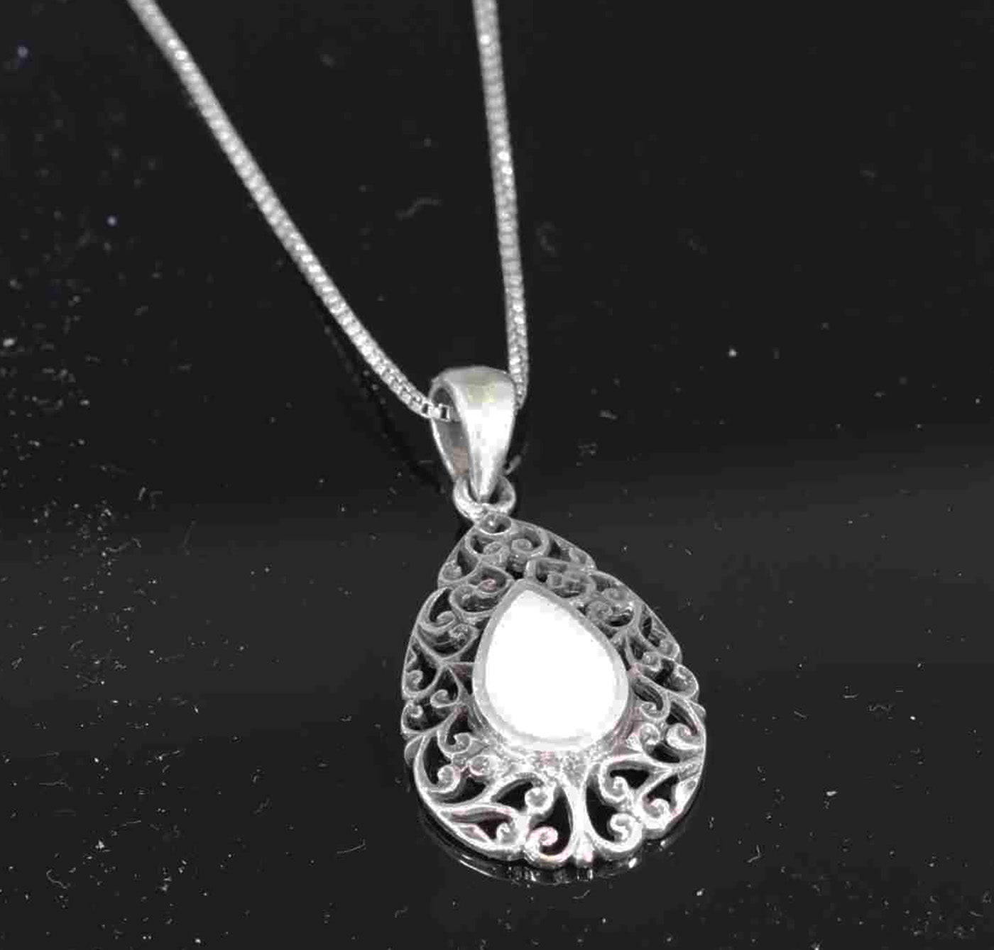 Sterling Silver Vintage Teardrop Pendant with Synthetic Pear-Shaped Opal on Italian Box Chain