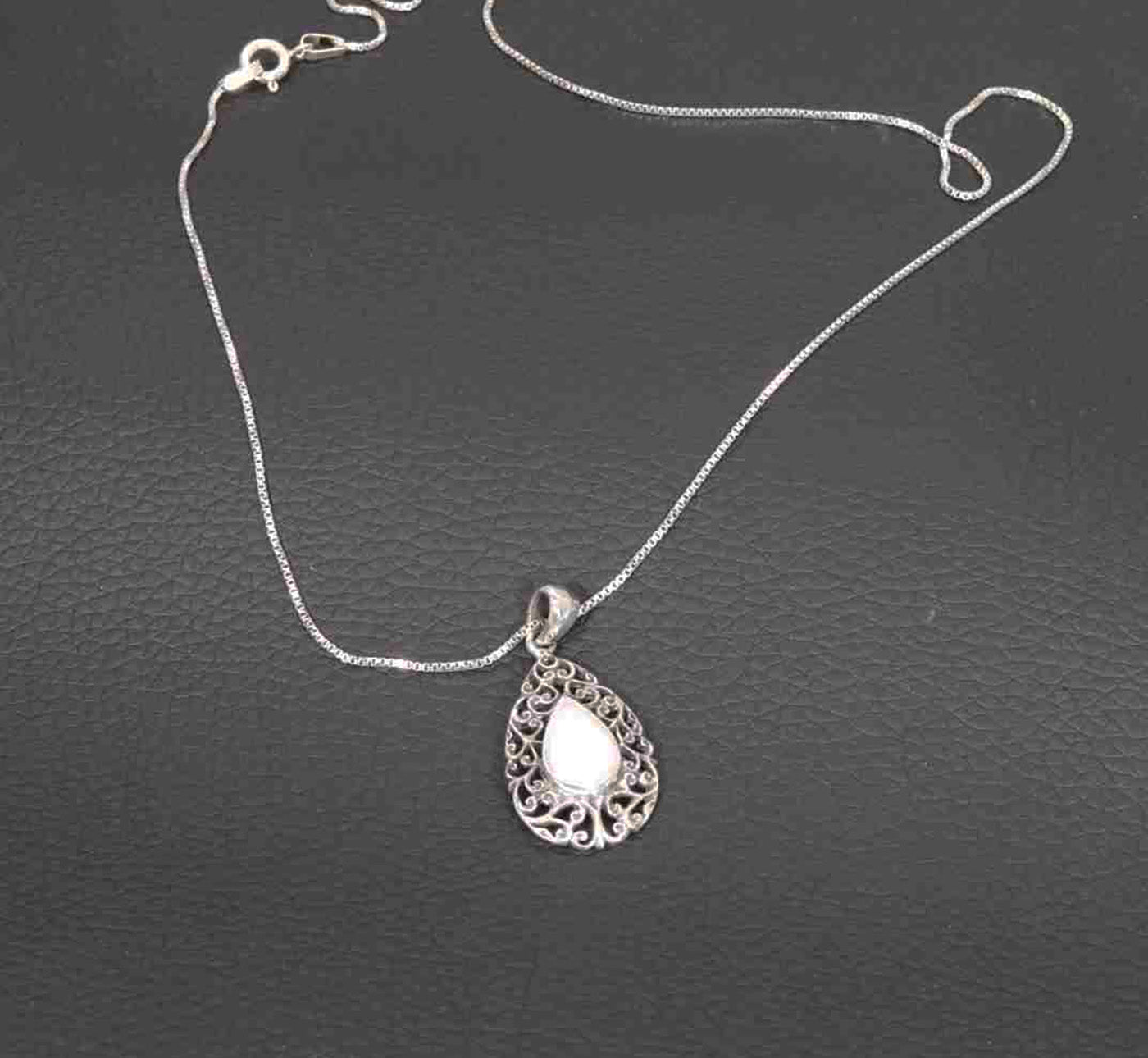 Sterling Silver Vintage Teardrop Pendant with Synthetic Pear-Shaped Opal on Italian Box Chain
