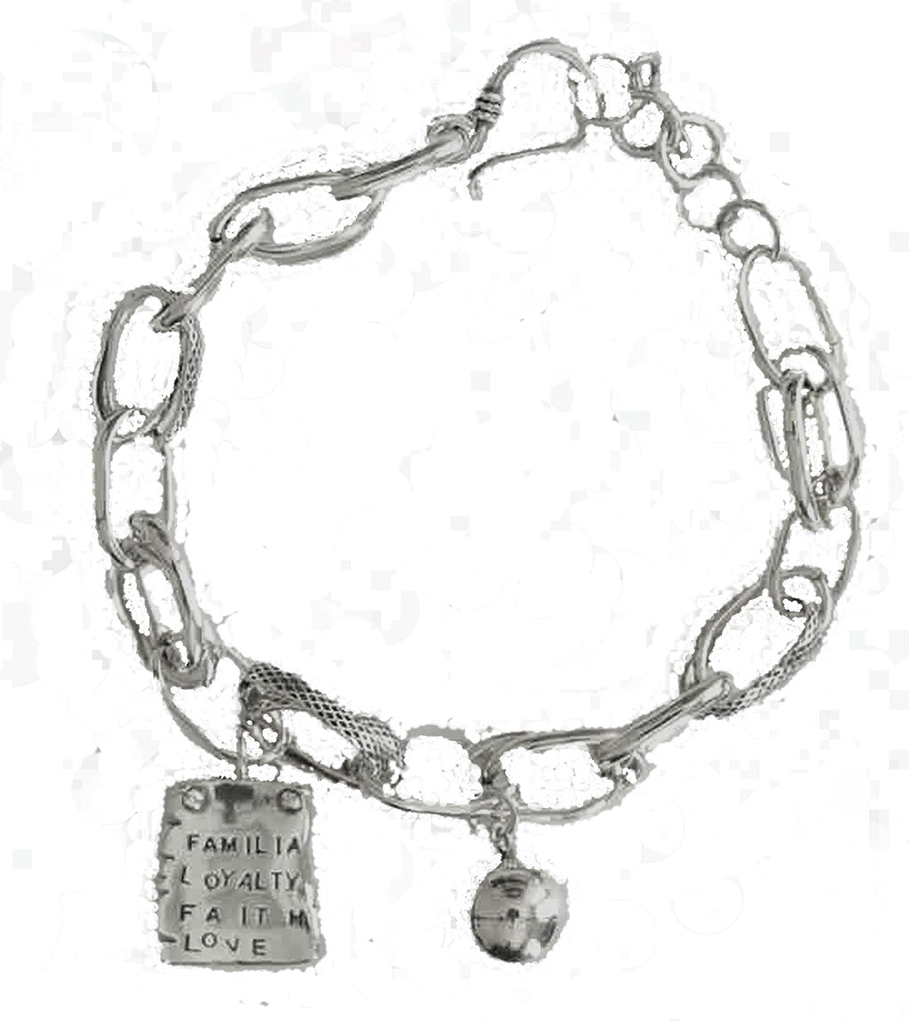 Stunning Sterling Silver Link Platinum Look Bracelet with Familial, Loyalty, Faith & Love Charm