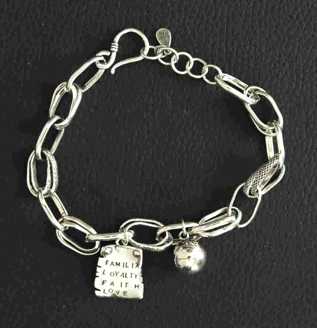 Stunning Sterling Silver Link Platinum Look Bracelet with Familial, Loyalty, Faith & Love Charm