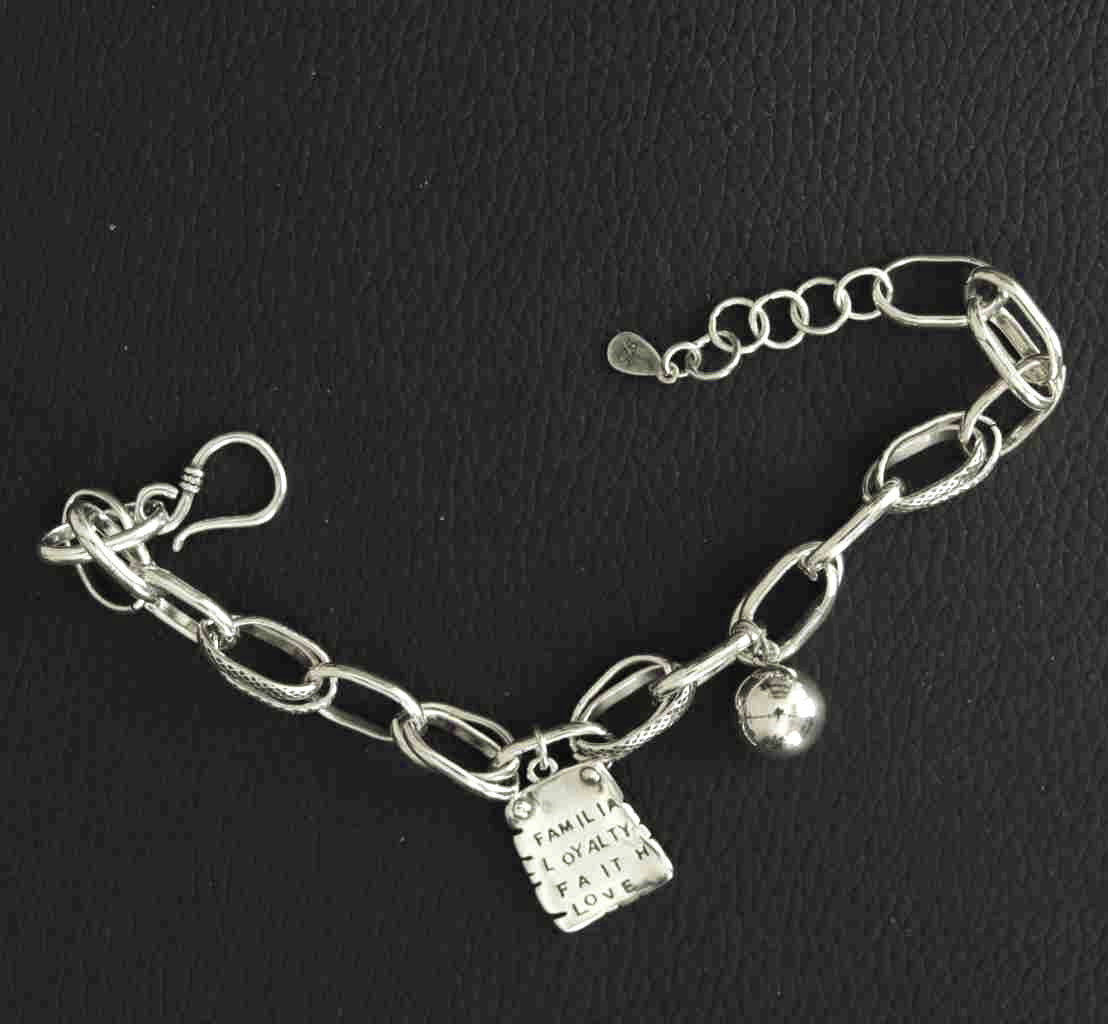 Stunning Sterling Silver Link Platinum Look Bracelet with Familial, Loyalty, Faith & Love Charm