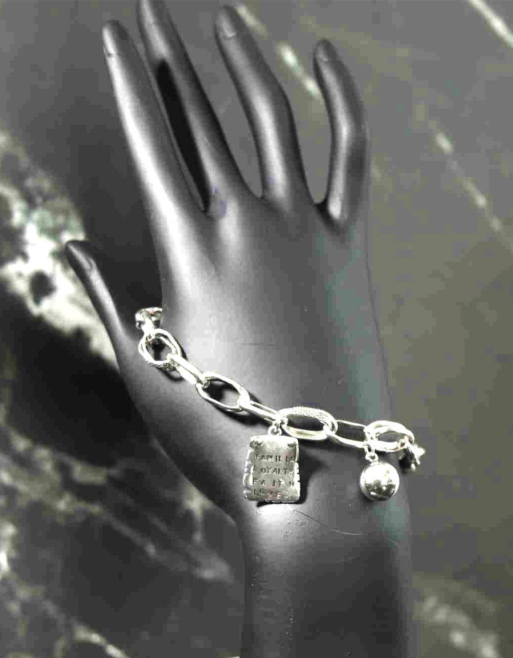 Stunning Sterling Silver Link Platinum Look Bracelet with Familial, Loyalty, Faith & Love Charm