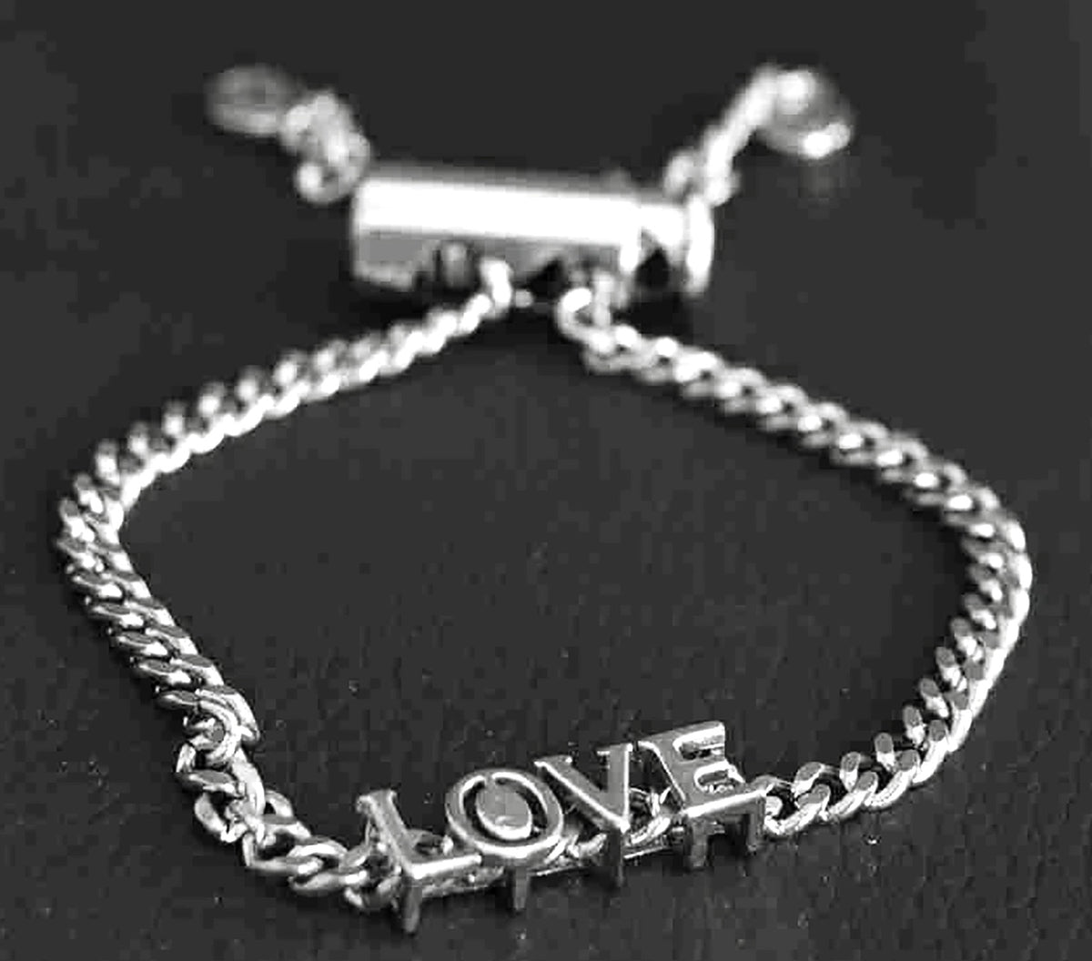 Handcrafted Sterling Silver Platinum Look Bracelet with Sliding Love Charm and Adjustable Cylinder Lock