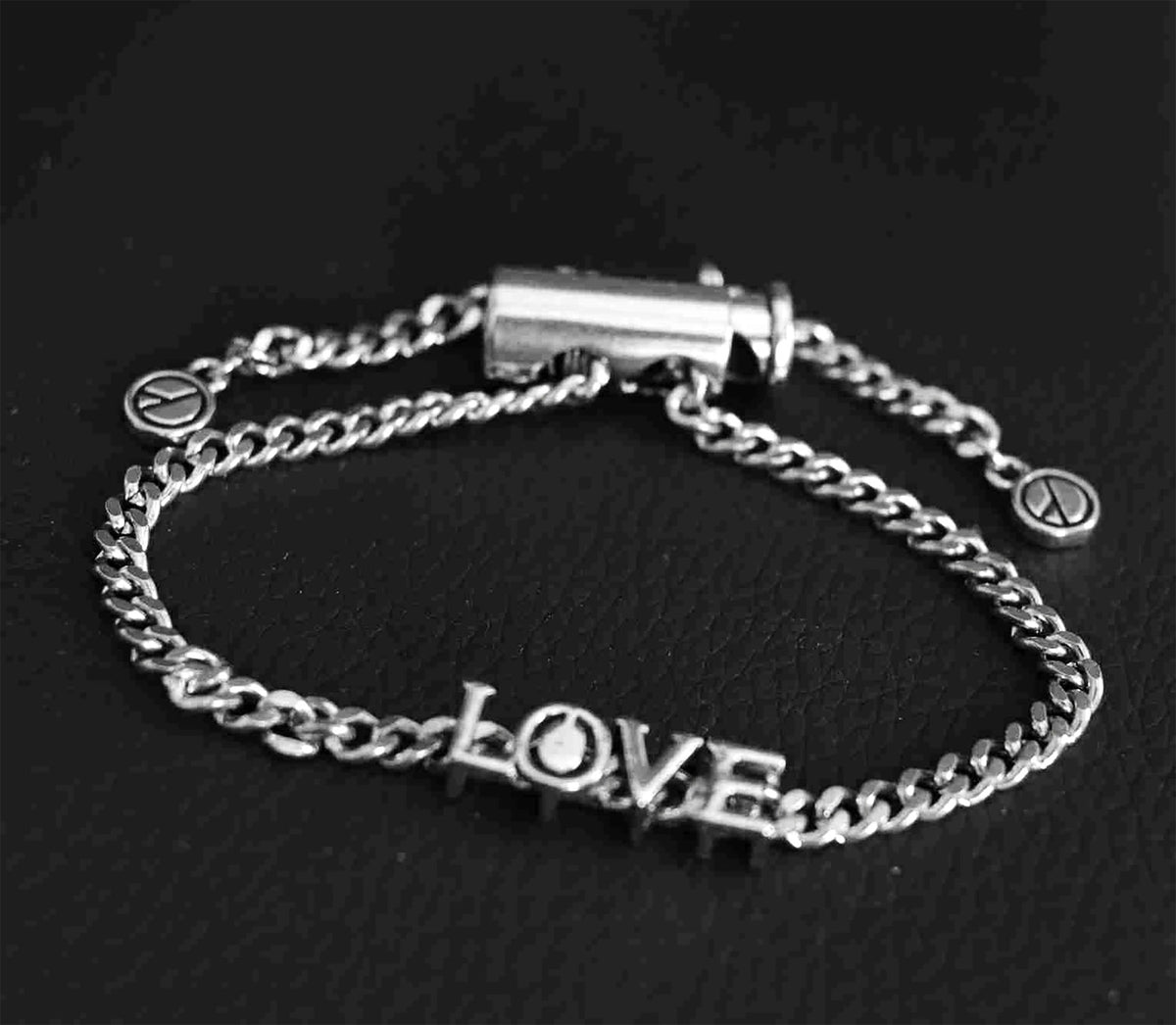 Handcrafted Sterling Silver Platinum Look Bracelet with Sliding Love Charm and Adjustable Cylinder Lock