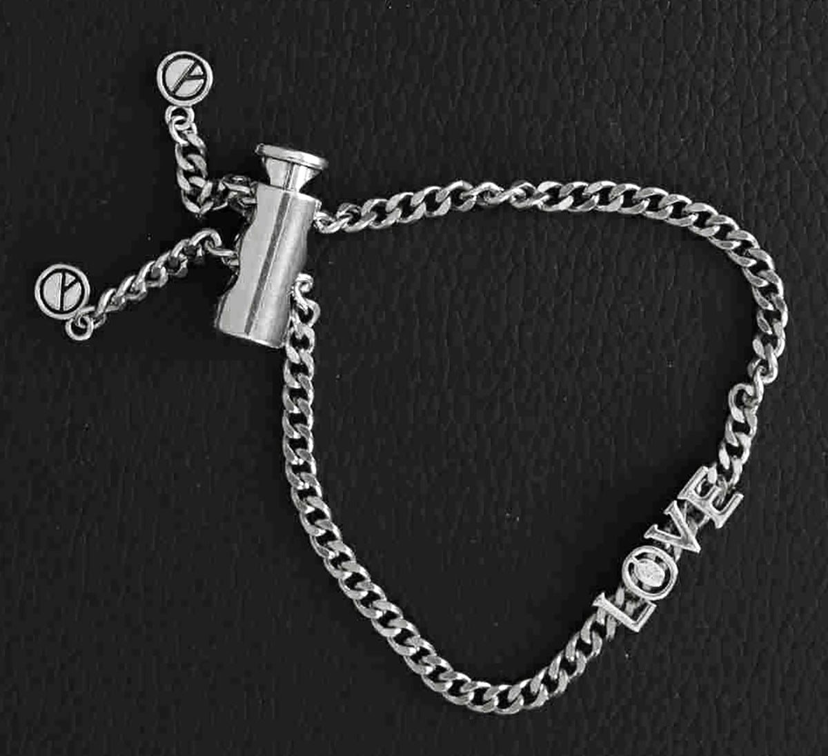 Handcrafted Sterling Silver Platinum Look Bracelet with Sliding Love Charm and Adjustable Cylinder Lock