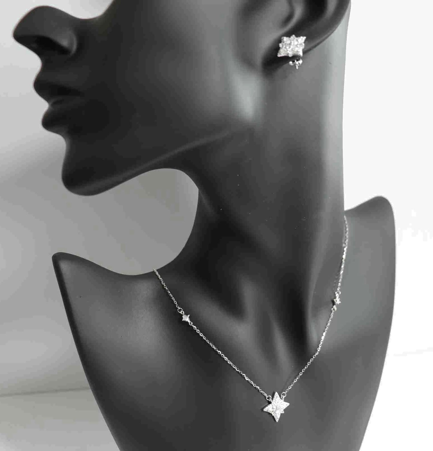 Sterling Silver Square Geometric Designed Round and Baguette CZ Earrings and Pendant Set