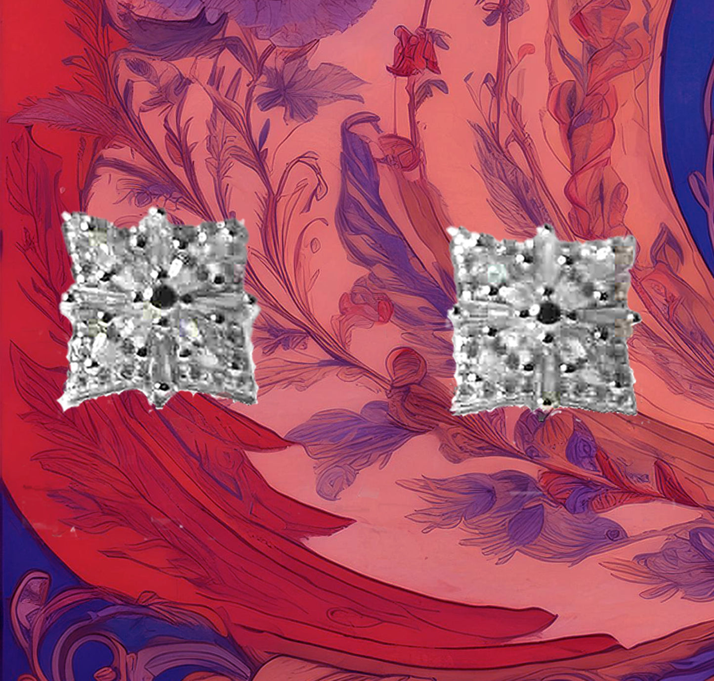 Sterling Silver Square Geometric Designed Round and Baguette CZ Stud Earrings