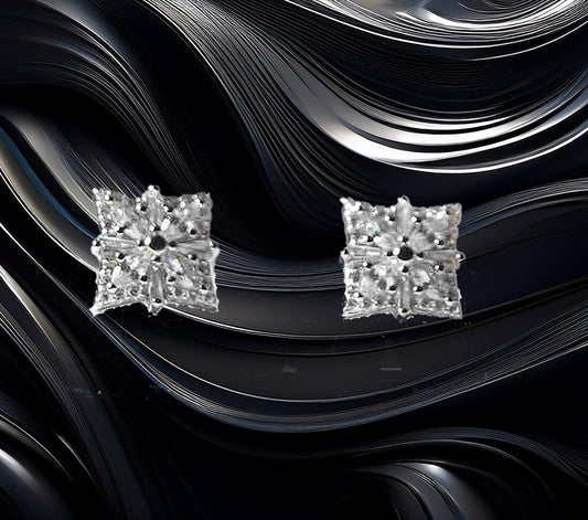 Sterling Silver Square Geometric Designed Round and Baguette CZ Stud Earrings