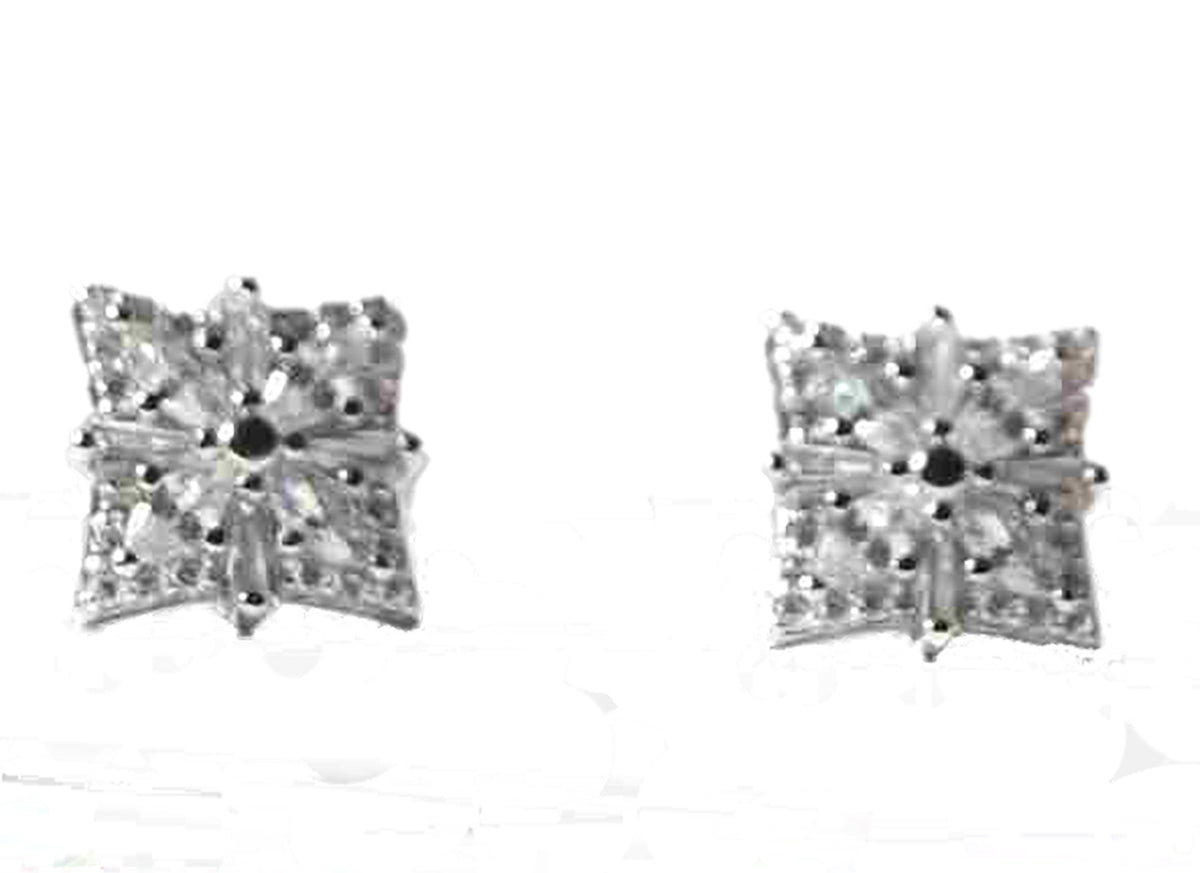 Sterling Silver Square Geometric Designed Round and Baguette CZ Stud Earrings