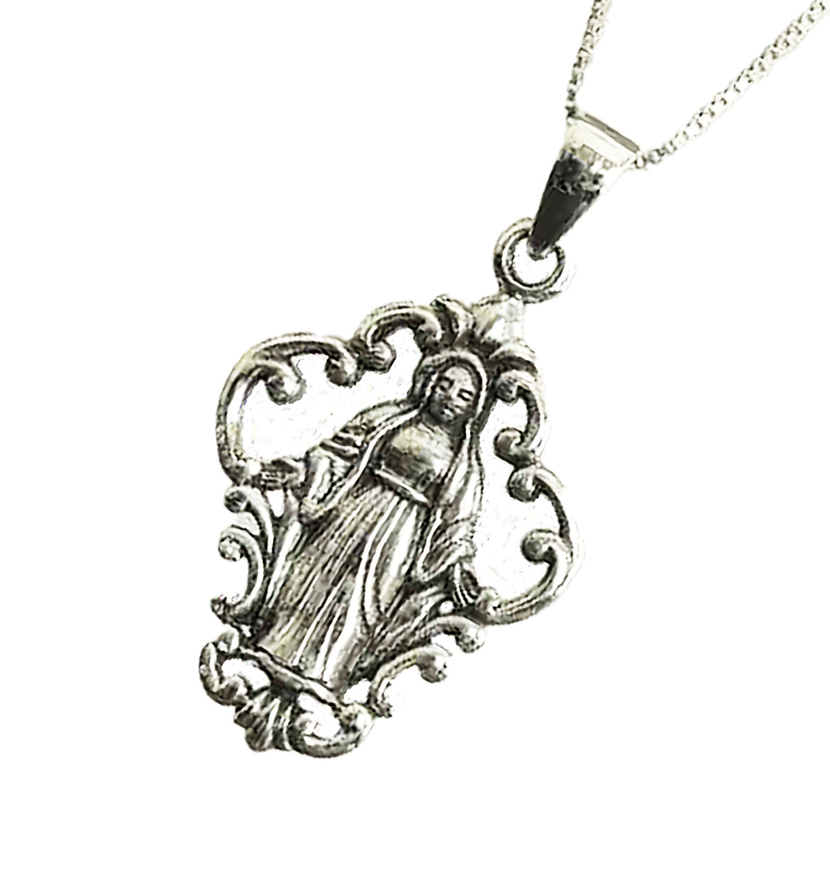 Sterling Silver Virgin Mary Pendant with Intricate Design and 18" Italian Platinum-Look Box Chain – Religious Necklace for Women