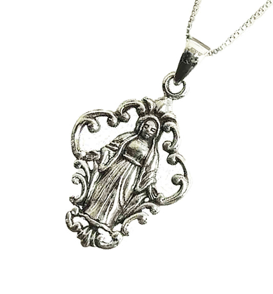 Sterling Silver Virgin Mary Pendant with Intricate Design and 18" Italian Platinum-Look Box Chain – Religious Necklace for Women