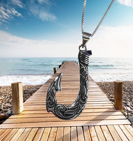 Sterling silver platinum look fishing hook with intricate design on 18" box chain- Hook with the look.