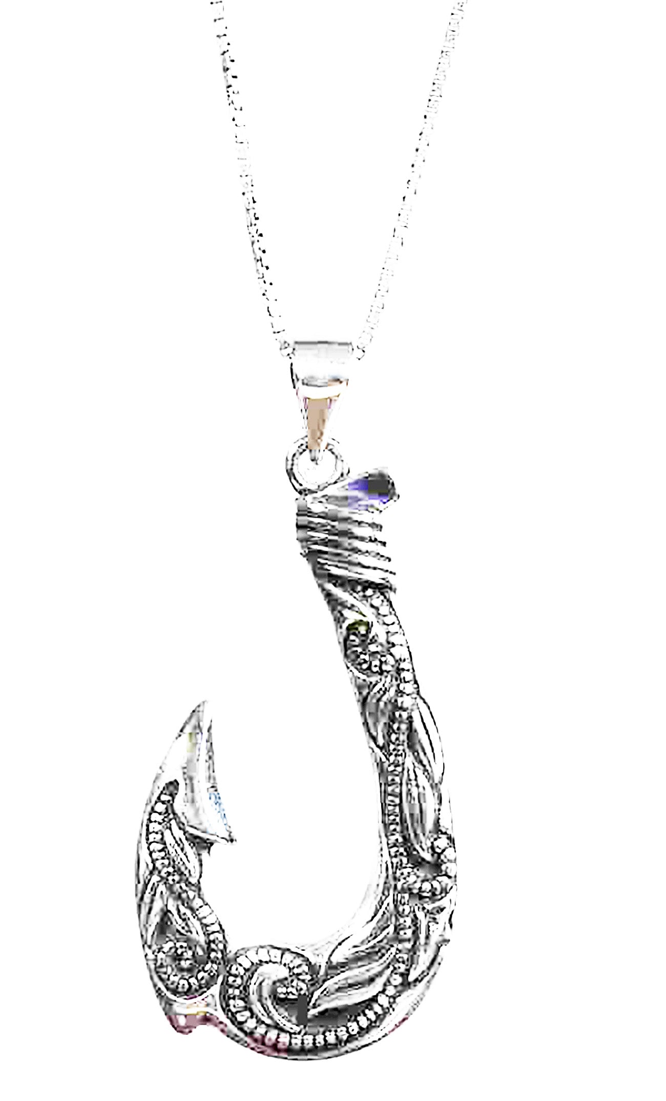 Sterling silver platinum look fishing hook with intricate design on 18" box chain- Hook with the look.