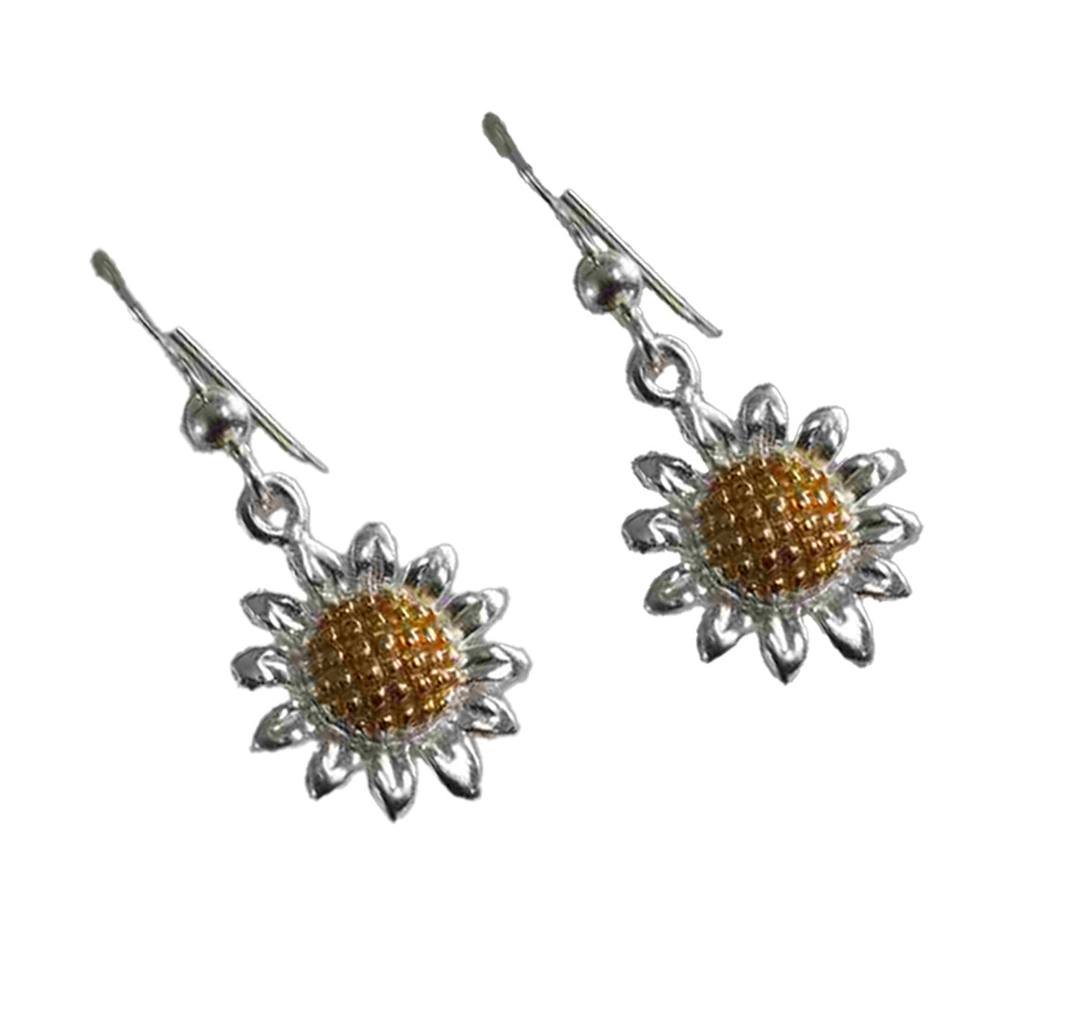 Two-Tone Sterling Silver Sunflower Dangle Earrings – Rose & Silver Floral Drop Jewelry for Women