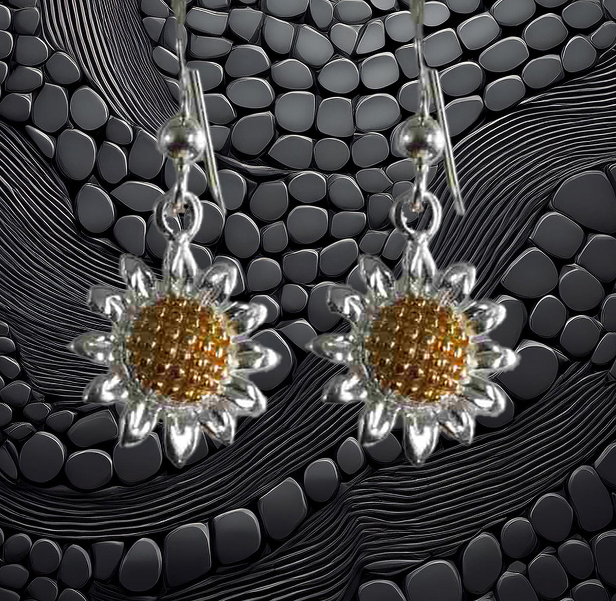 Two-Tone Sterling Silver Sunflower Dangle Earrings – Rose & Silver Floral Drop Jewelry for Women
