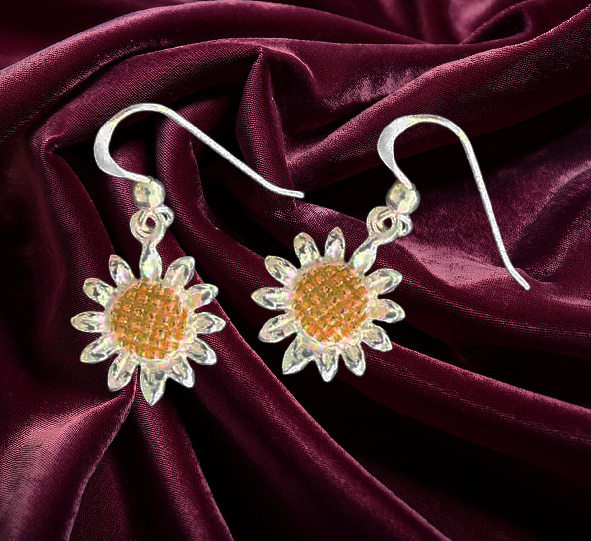 Two-Tone Sterling Silver Sunflower Dangle Earrings – Rose & Silver Floral Drop Jewelry for Women