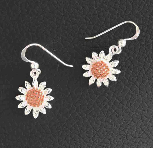 Two-Tone Sterling Silver Sunflower Dangle Earrings – Rose & Silver Floral Drop Jewelry for Women
