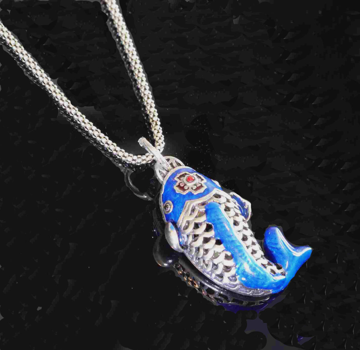 Waves of Serenity Sterling Silver Blue Enamel Koi Pendant - 20 inches