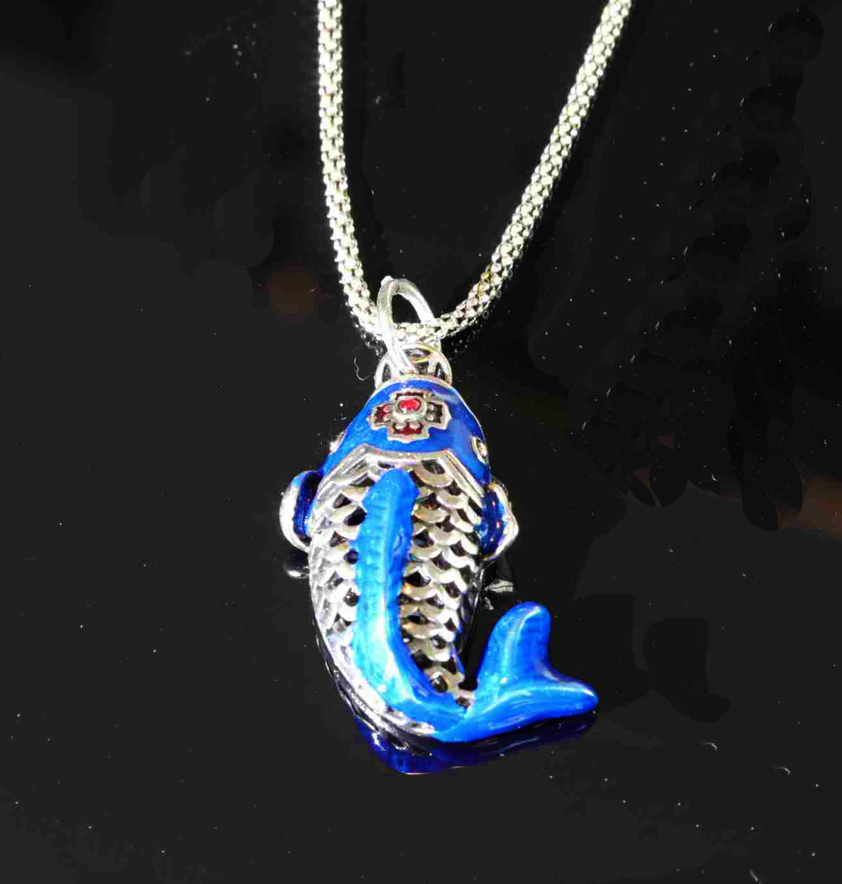 Waves of Serenity Sterling Silver Blue Enamel Koi Pendant - 20 inches