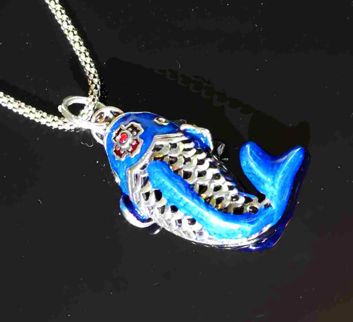 Waves of Serenity Sterling Silver Blue Enamel Koi Pendant - 20 inches