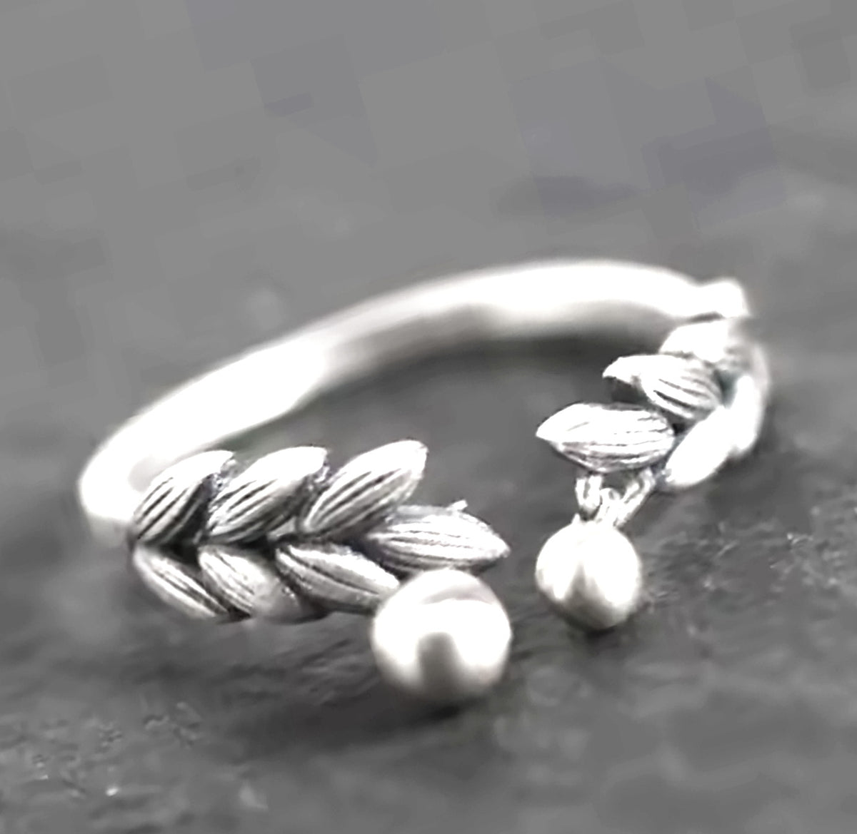 Whispers of Nature – Sterling Silver Leaf and Dangling Bead Charm Adjustable Ring