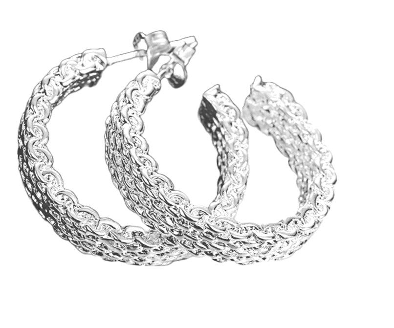 New Sterling Silver Elegantly Mesh Designed Hoop Earrings 26.5mm Round with Straight Silver Ear post.