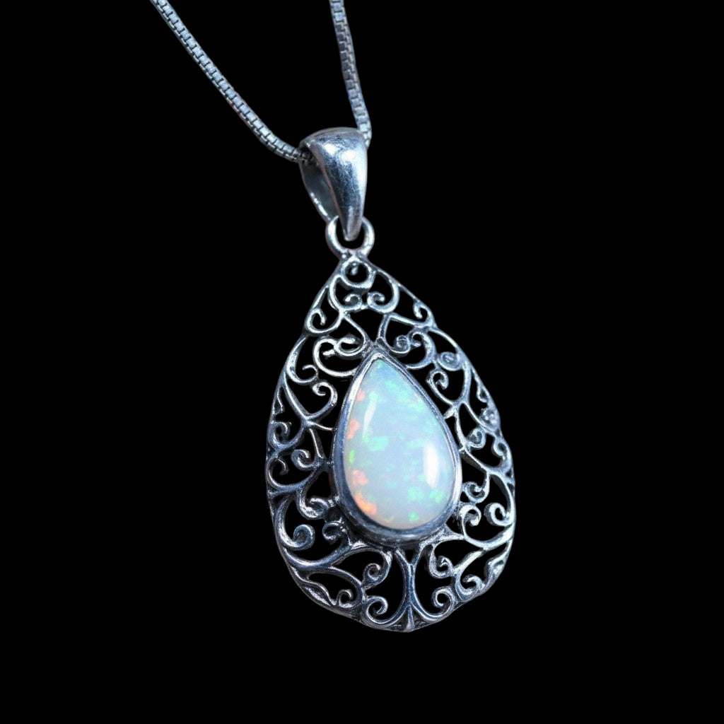 Sterling Silver Vintage Teardrop Pendant with Synthetic Pear-Shaped Opal on Italian Box Chain