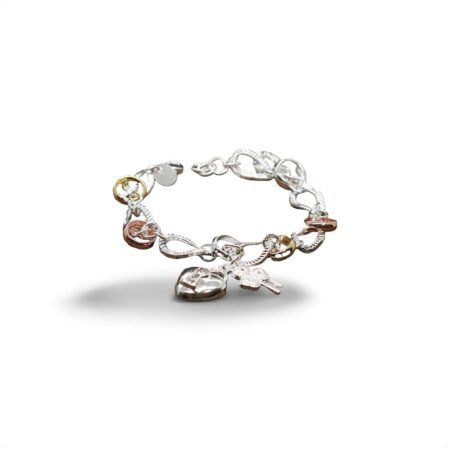 Sterling silver two-tone link bracelet with shamrock and heart key charms – symbol of luck and love
