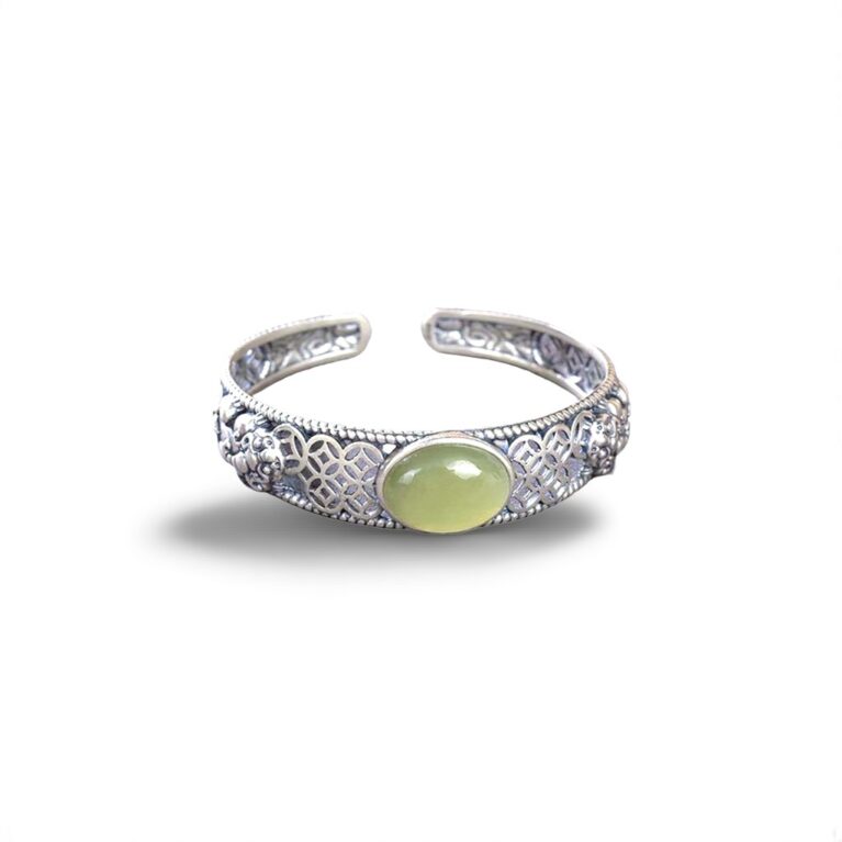 Vintage Silver-Plated Cuff Bangle Bracelet with Oval Synthetic Jade Stone