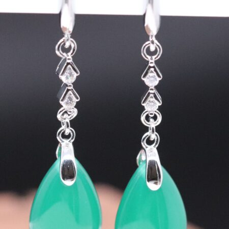 Elegant Sterling Silver Tear-Drop Polished Natural Jade Dangle Earrings