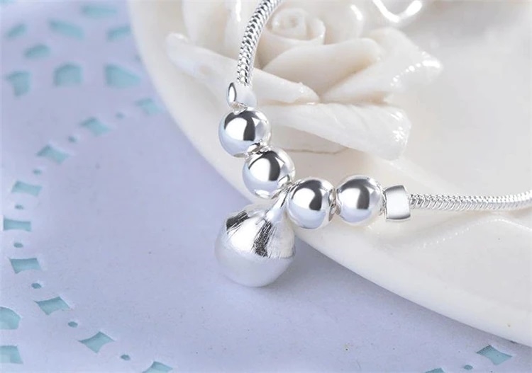 Graceful Sterling Silver Anklet with Cluster of 4 Smaller Beads and a Larger Bell Bead on Adjustable Chain