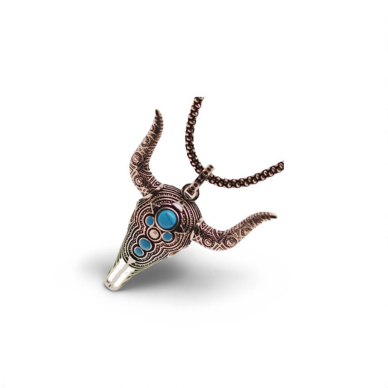 Handcrafted Sterling Silver Bull Head Skull Pendant with Natural Turquoise