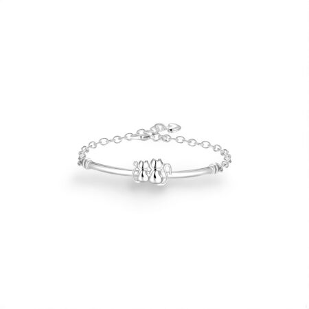 Elegant Sterling Silver Couple Cat Bracelet with Bangle and Chain