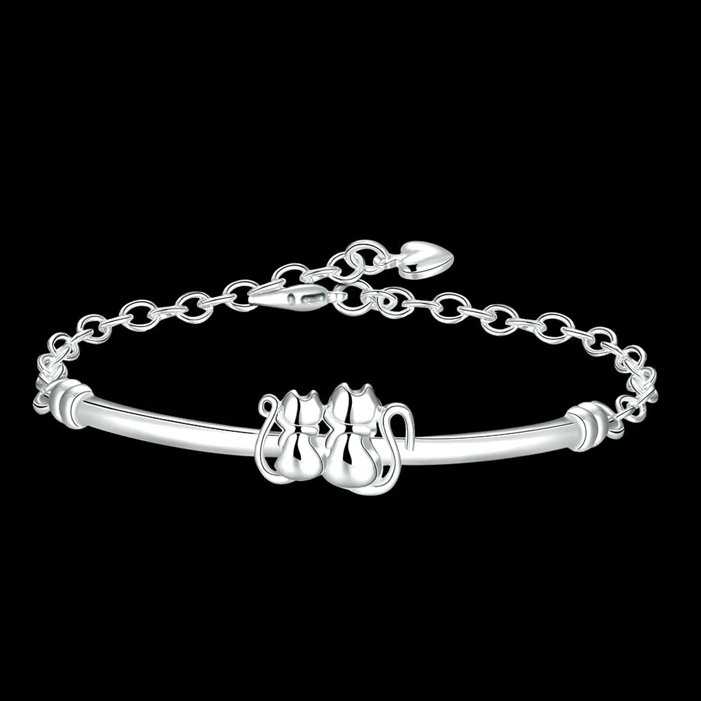 Elegant Sterling Silver Couple Cat Bracelet with Bangle and Chain. 925ijewel.com