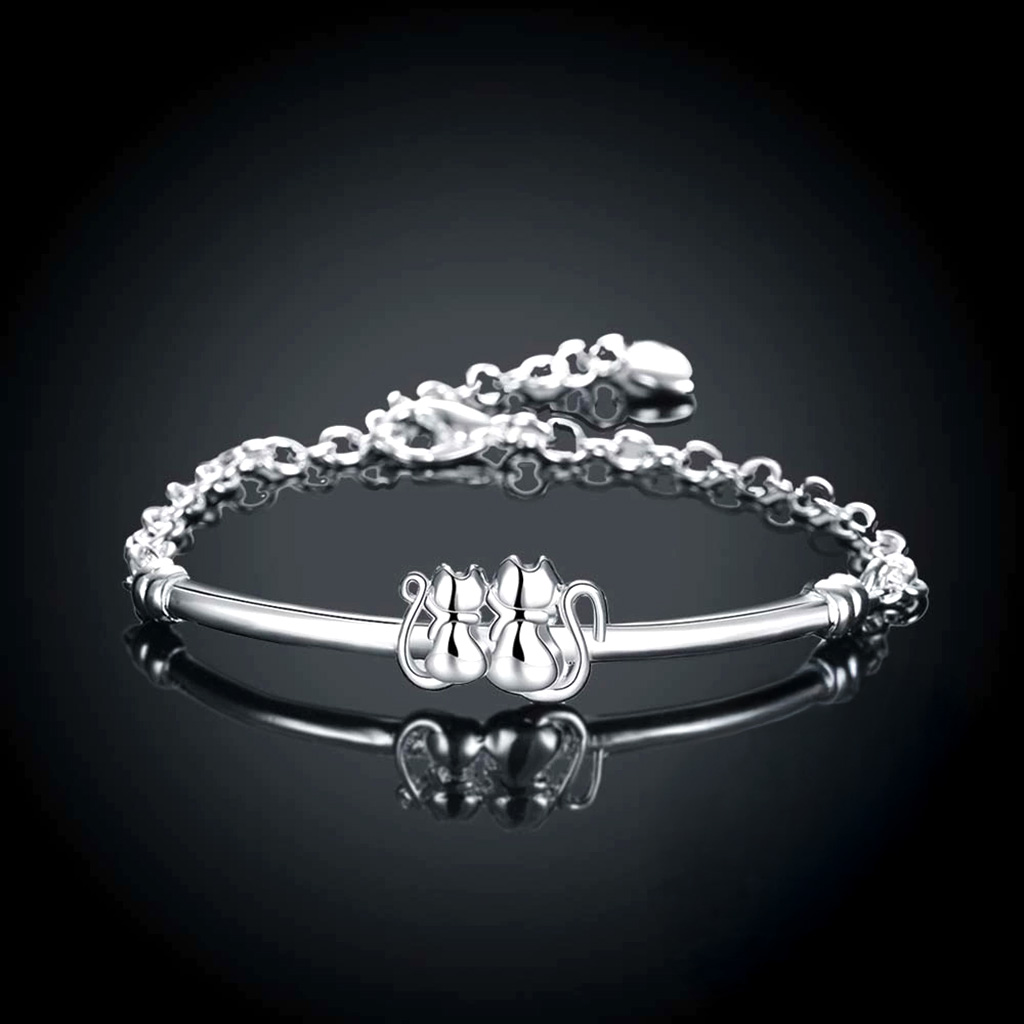 Elegant Sterling Silver Couple Cat Bracelet with Bangle and Chain. 925ijewel.com
