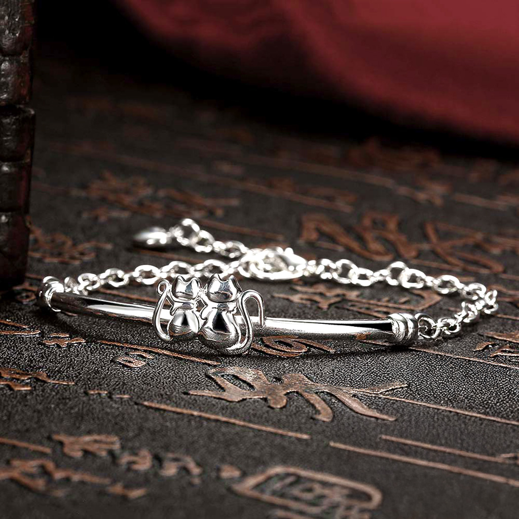 Elegant Sterling Silver Couple Cat Bracelet with Bangle and Chain. 925ijewel.com