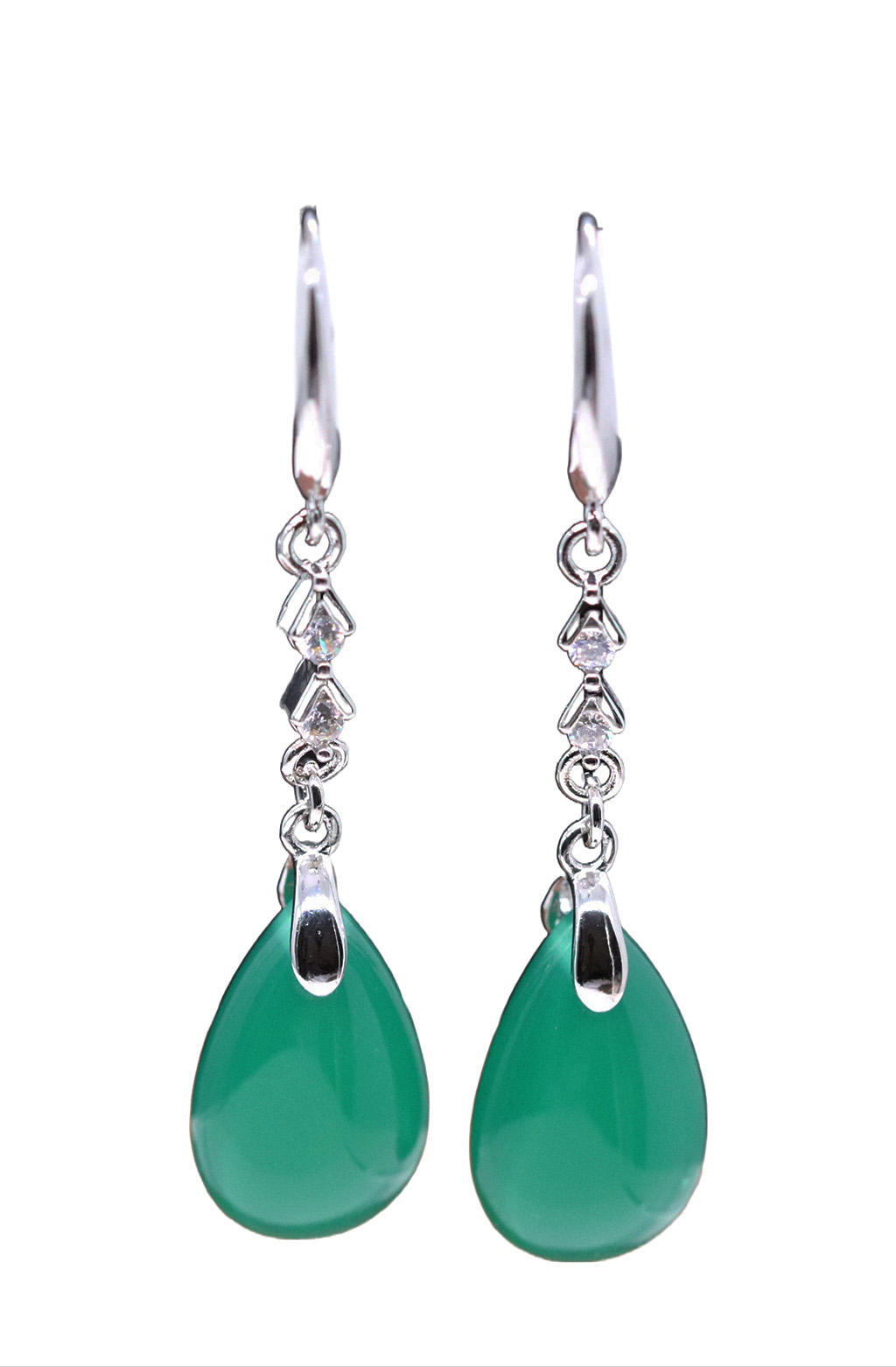 Elegant Sterling Silver Tear-Drop Polished Chalcedony Jade Dangle Earrings. 925ijewel.com