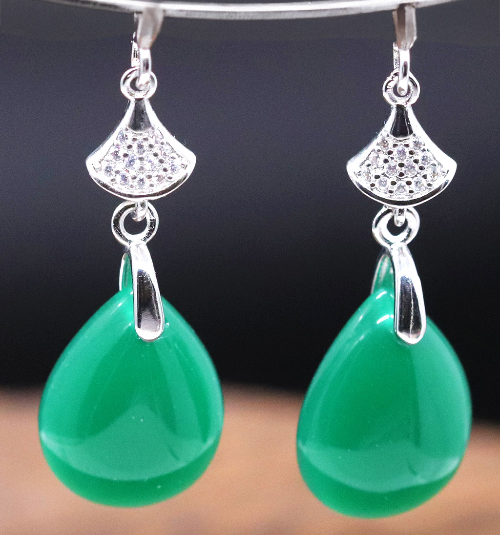 Elegant Sterling Silver Water Droplet Sleek Finish Genuine Chalcedony Jade Drop Earrings. 925ijewel.com