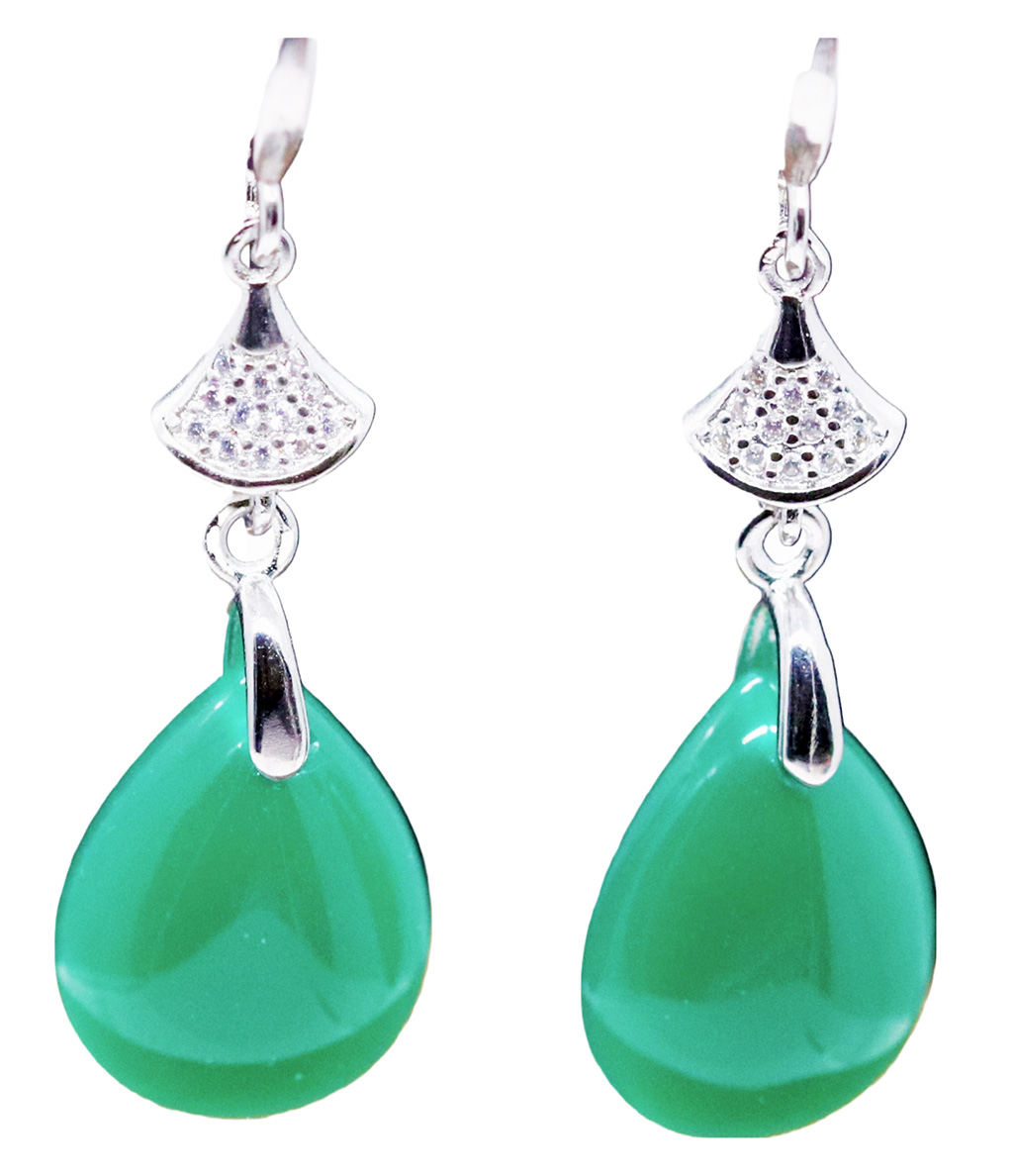 Elegant Sterling Silver Water Droplet Sleek Finish Genuine Chalcedony Jade Drop Earrings. 925ijewel.com