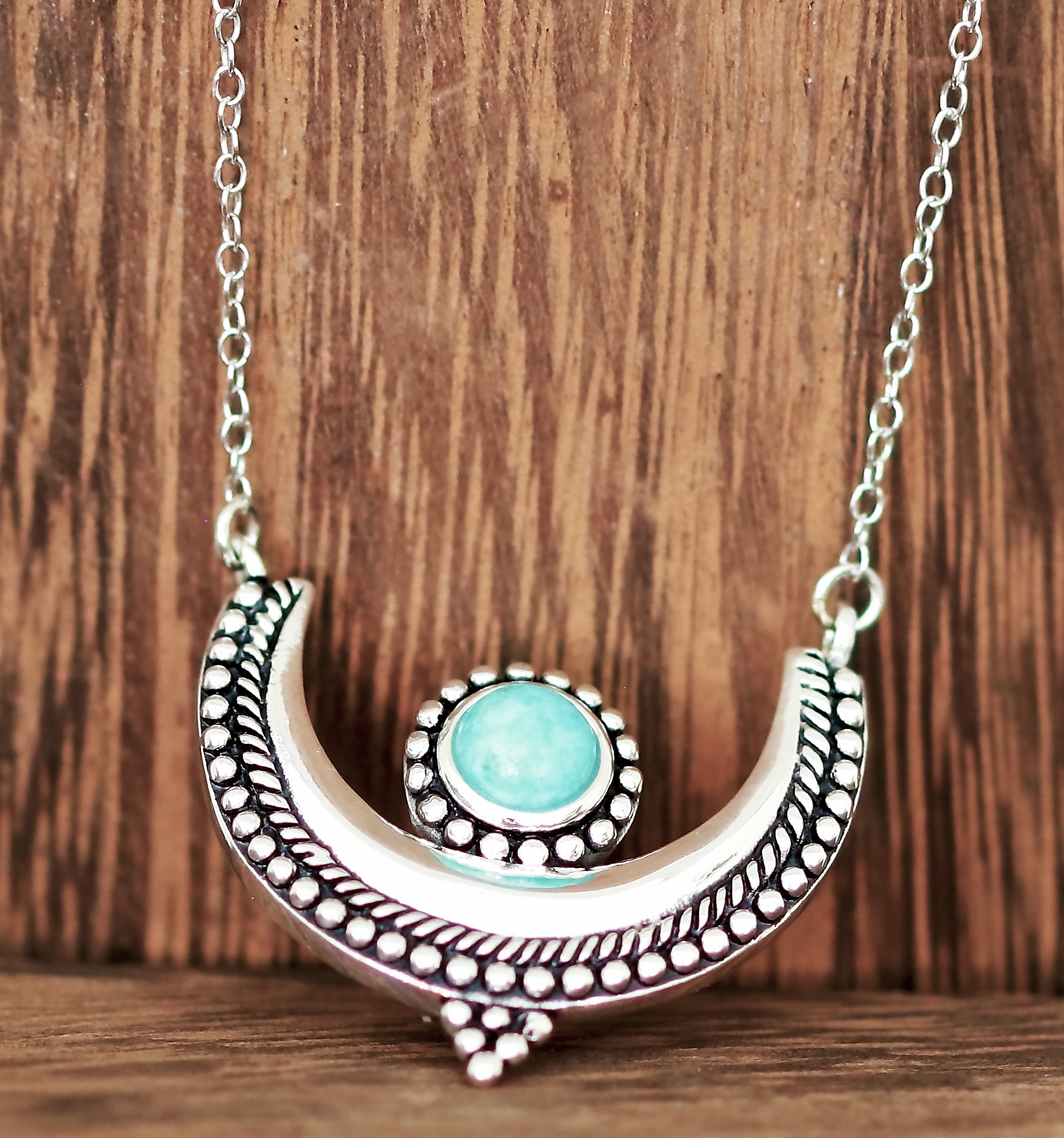 Exquisitely Designed Crescent Shaped Sterling Silver 18" Necklace with Natural Round Turquoise