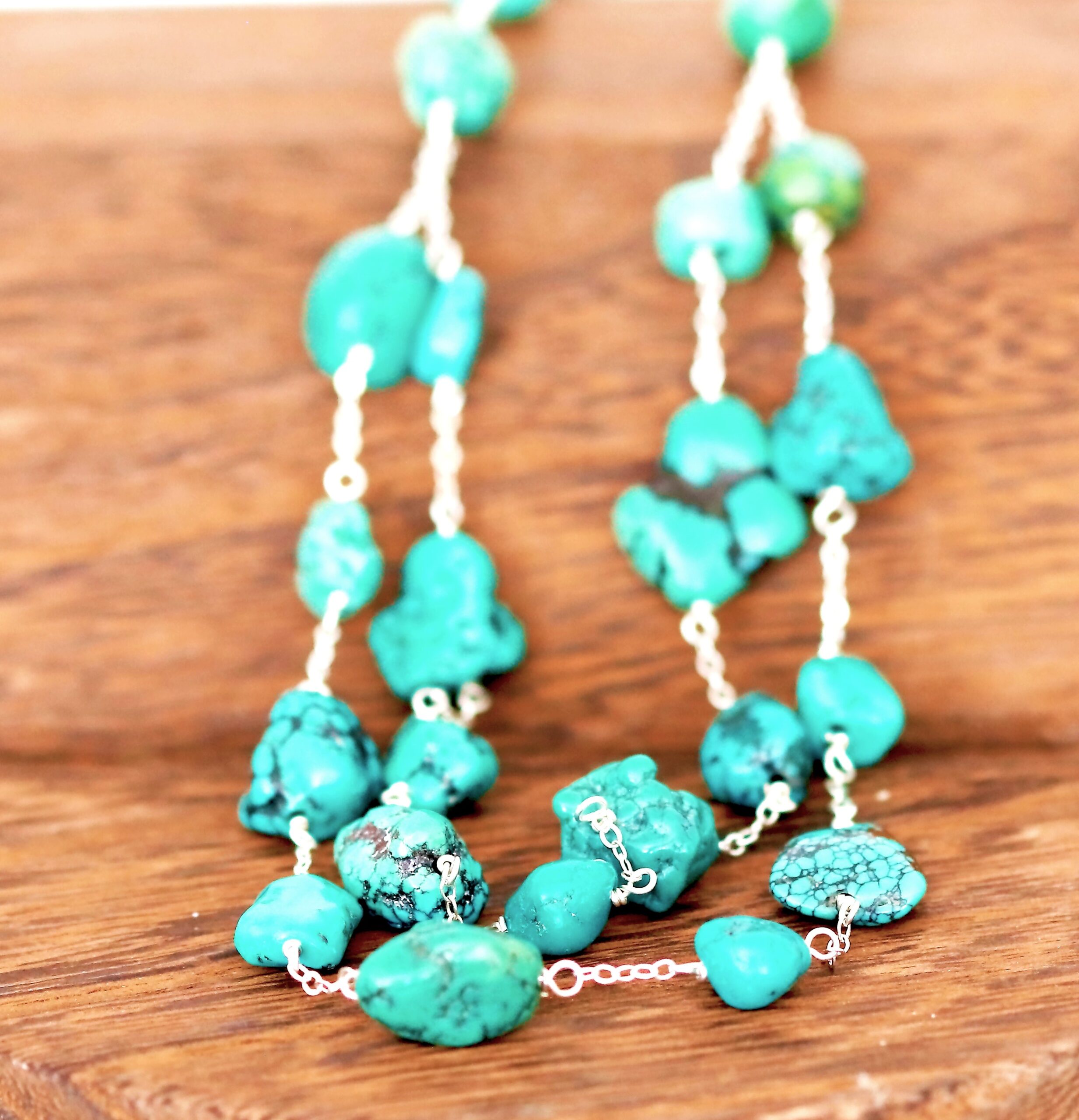 Elegantly Designed Sterling Silver 2 Strand Graduated Natural Turquoise Nugget Necklace 18"