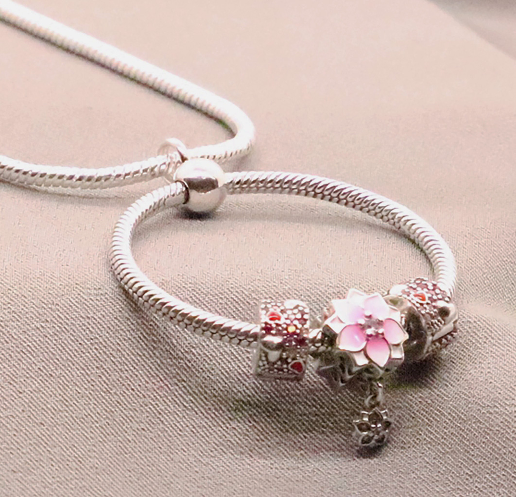 Blossom of Love – Sterling Silver O Charm Pendant with Sparkling Red CZ and Charming Pink Flower Bead Charm. 925ijewel.com
