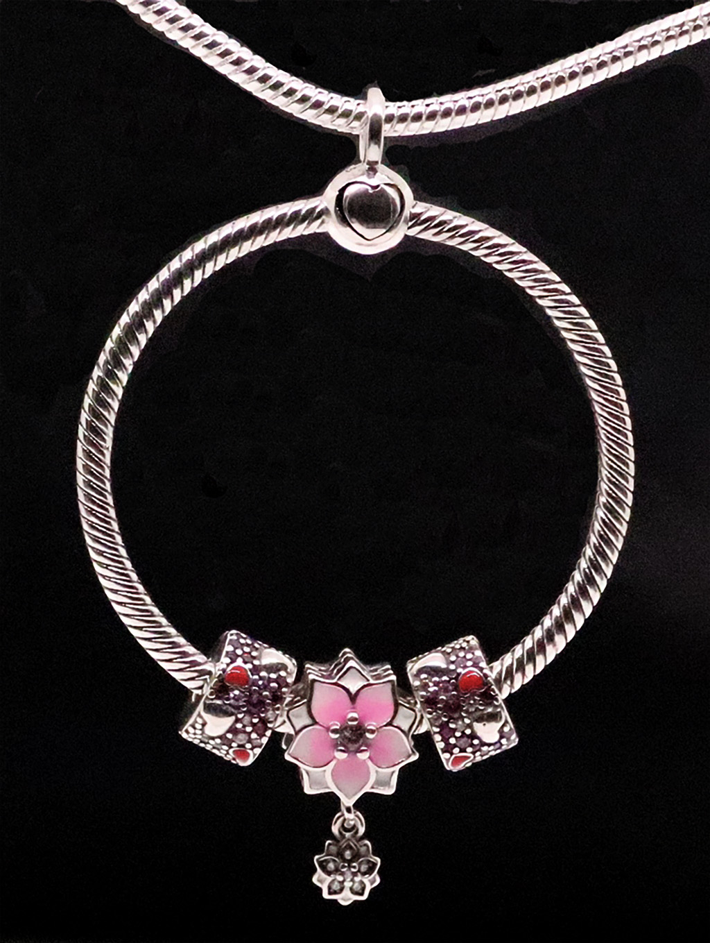 Blossom of Love – Sterling Silver O Charm Pendant with Sparkling Red CZ and Charming Pink Flower Bead Charm. 925ijewel.com
