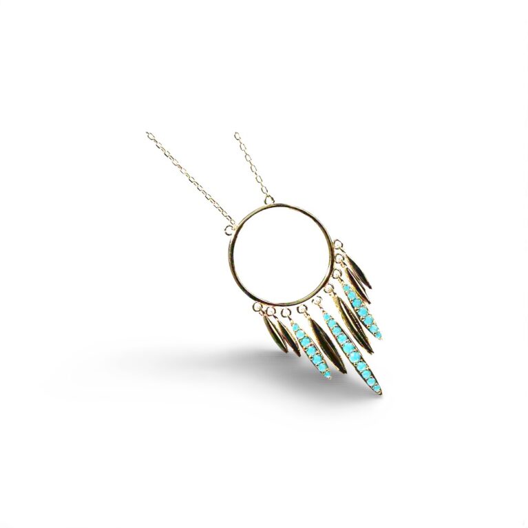 Golden Feathers of Freedom – 14KT Gold Plated Sterling Silver Necklace with Turquoise CZ Gemstone